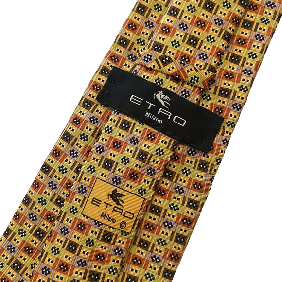 ETRO Milano Silk Tie Mens 59x3.75" Yellow Mustard Orange Geometric Print Necktie - Picture 5 of 9